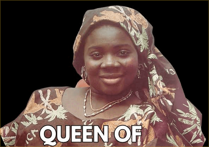 Queen Salawa Abeni in an embroidered gele and matching buba, from artwork captioned “Queen of…”